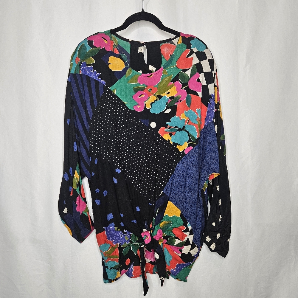 Vintage Carole Little Abstract Patchwork Tie Front Blouse 1980's No Size Tag